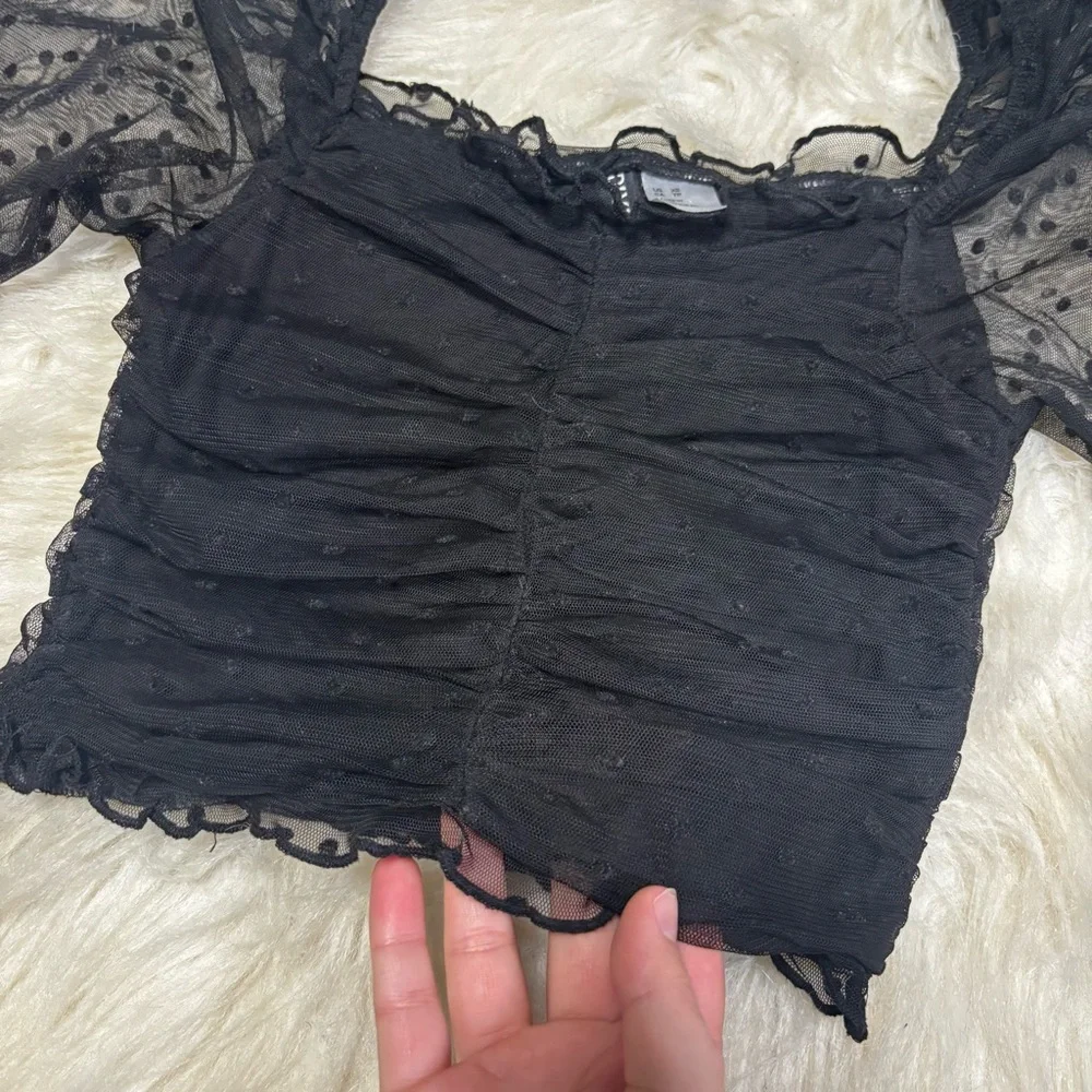 Divided Black Tulle / Lace Velvet Polka Dot Rouched Long Sleeve Crop Top size XS
